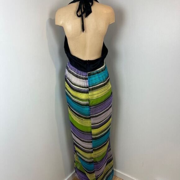Bebe Large Y2K Multi Halter Sleeveless Open Back Maxi Dress Sundress Silk Beach - Picture 4 of 13